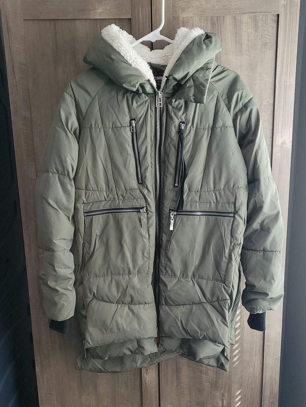 Ci Sono Olive Green Hooded Puffer Coat with Sherpa Trim